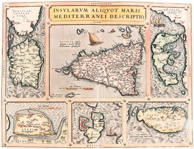 Insularum Aliquot Maris Mediterranei Descriptio. Geografische kaart van de Middellandse Zee-eilanden Sicilië, Sardinië, Corfu, Malta, Djerba en Elba uit 