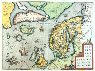 Ierland, Groot-Brittannië, IJsland, Noorwegen, Zweden, Finland, Groenland door Abraham Ortelius