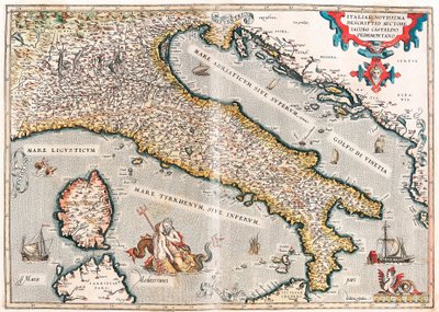 Italiae novissima descriptio auctore Iacobo Castaldo Pedemontano Geografische kaart van het gebied van Italië uit 