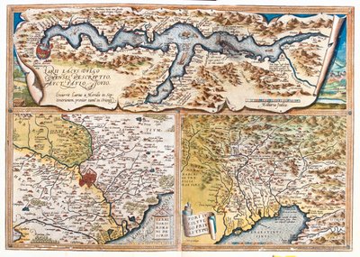 Comomeer (Italië; regio: Lombardije), Rome (Italië; regio: Lazio), Golf van Triëst (Italië: regio Friuli-Venezia Giulia; Slovenië: traditionele regio Sloveense kust; Kroatië: provincie Istrië) door Abraham Ortelius