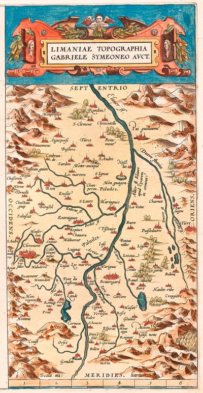 Limaniae topographed Gabriele Symeoneo Avct Geografische kaart van het Loire-gebied met de kastelen en steden langs de rivier (Beaumont, Aigueperse, Clermont en Montferan (Montferrand), Beauregard, Cignac, Montaigu, Puy Guillaume...) uit 