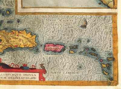 Kaart van het eiland Hispaniola, Santo Domingo, Puerto Rico en deel van de Antillen door Abraham Ortelius door Abraham Ortelius