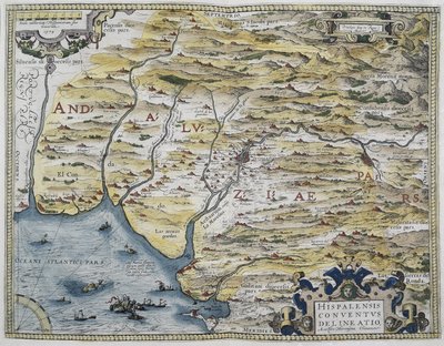 ORTELIUS, Abraham (1527-1598). Theatrum Orbis Terrarum. 1570. Het wordt beschouwd als de eerste moderne atlas. CHAVES, Jeronimo de (1523-1574). Wiskundige, astronoom en navigator. Kaart van West-Andalusië. Gebaseerd op de kaart van Hieronimus Chiaves (Jero door Abraham Ortelius