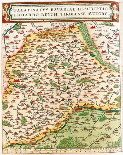Palatinatus Bavariae descriptio Erhardo Reych Tirolense Auctore Geografische kaart van het gebied van Beieren in Duitsland uit 
