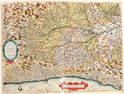 Pedemontanae Vicinorumque Regionum Auctore Iacobo Castaldo Descrip. Geografische kaart van het gebied van Italië van Monaco in Frankrijk tot Genua en langs de provincies Imperia de Savona en Genua uit 