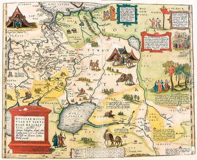 Russiae, Moscoviae en Tartariae descriptio. Auctore Antonio Ienkensono Anglo, edita Londini anno 1562 Geografische kaart van het gebied van Rusland uit 