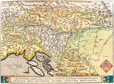 Schlavoniae, Croatiae, Carniae, Istriae, Bosniae, Finitimarumque Regionum Nova Descriptio, Auctore Augustino Hirsuogelio Geografische kaart van de gebieden Slavonië, Kroatië, Bosnië en Dalmatië uit 