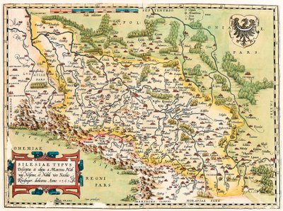 Silesia Typus Descriptio en Descriptus et editus Martino Heilwid Neilsense, en Nobili viro Nicolao Rhedinger dedicatus Anno 1561 Geografische kaart van het gebied ten zuiden van Frankfurt in Duitsland nabij Polen uit 