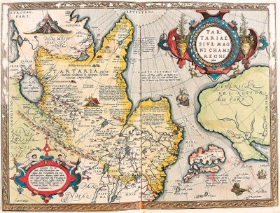 Tartariae Ssive Magni Chami Regni typus Geografische kaart van het Tartaarse gebied uit 