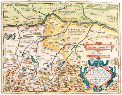 Typus Vindeliciae Ssive Utriusque Bavariae: Secundum antiquam & recentiorum situm, ab Joanne Aventino olim descriptus... Geografische kaart van het gebied van Beieren in Duitsland uit 
