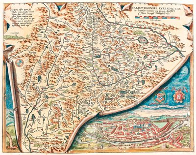 Urbis Salisburgensis genuina descriptio Geografische kaart van het gebied van Salzburg in Oostenrijk uit 