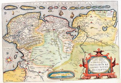 Utriusque Frisiorum regionis noviss. descriptio Geografische kaart van het gebied van Nederland met de steden Groningen en Leeuwarden... uit 