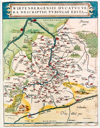 Wirtenbergensis Ducatus Vera descriptio, Tubingae edita 1558 Geografische kaart van het gebied van Baden-Wuerttemberg, Duitsland uit 