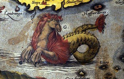 Weergave van een zeemonster half paard half zeeslang. Plaat uit een editie van 