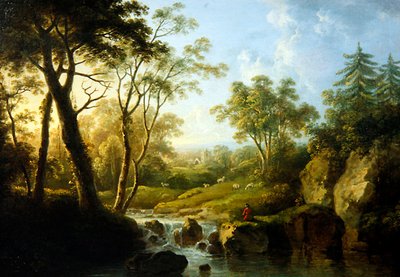 Een Bebost Landschap met een Waterval door Abraham Pether