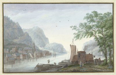 Bergachtig landschap met gezicht op een dorp aan een rivier door Abraham Rademaker