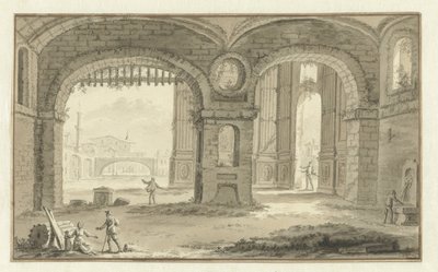 Gefantaseerd Italiaans stadsgezicht met klassieke bouwwerken door Abraham Rademaker