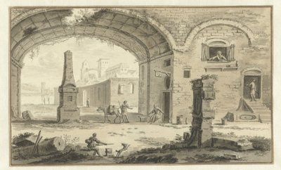 Gefantaseerd Italiaans stadsgezicht met klassieke bouwwerken en doorkijk onder een boog door Abraham Rademaker