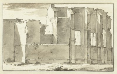 Gezicht op de bouwvallen van het koor van de Grote Kerk te Zandvoort door Abraham Rademaker