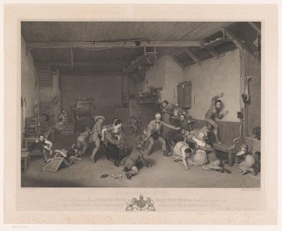 Blindemannetje in interieur met openhaard door Abraham Raimbach