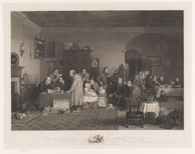 Interieur met gezelschap dat huur moet afdragen door Abraham Raimbach