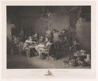 Interieur met mannen in discussie rond een tafel door Abraham Raimbach