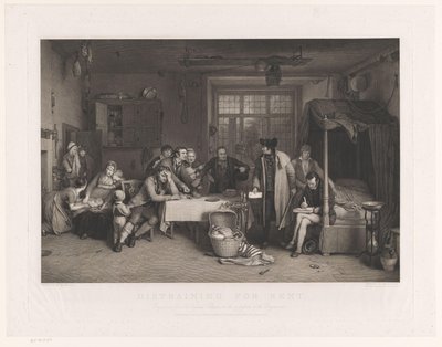 Sober interieur met mannen die beslag leggen op het bezit van een familie door Abraham Raimbach