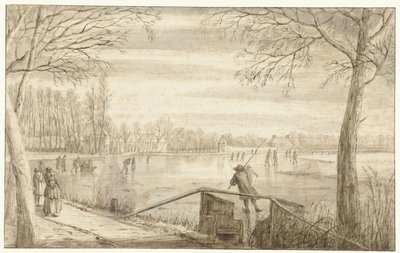 Schaatsers op de rivier Vecht, bij Maarssen, met de landgoederen Daelwijck en Vechthoven in de verte door Abraham Rutgers