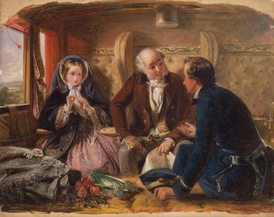 Eerste klas—De ontmoeting. En bij de eerste ontmoeting verliefd. [1854, Royal Academy of Arts, Londen, tentoonstellingscatalogus] door Abraham Solomon