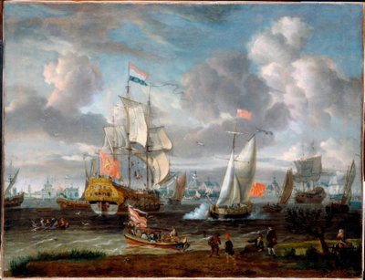 Een Engelse jacht groet een Nederlands oorlogsschip door Abraham Storck