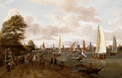 Een panoramisch uitzicht op Amsterdam met een schuit en kleine schepen op de Buiten-Amstel door Abraham Storck