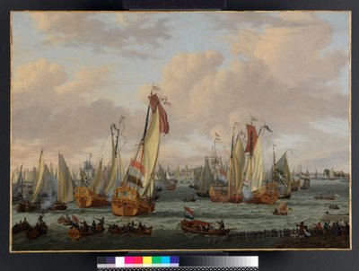 Een maritieme schijngevecht op de Y voor Amsterdam, voor 1710 door Abraham Storck