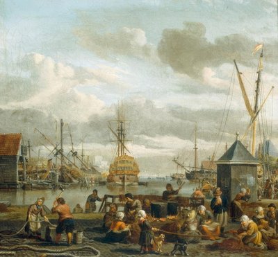 Uitzicht op de haven van Amsterdam door Abraham Storck