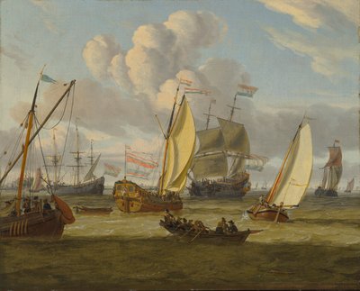 Dutch: Verschillende schepen in een frisse bries Shipping in an estuary door Abraham Storck