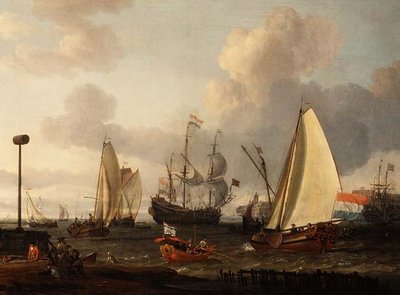 Nederlandse oorlogsschepen voor de kust door Abraham Storck