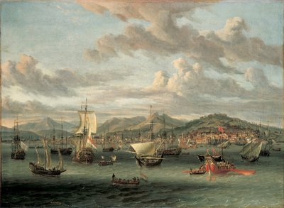 Nederlandse schepen bij de Baai van Smyrna met een staatsboot door Abraham Storck
