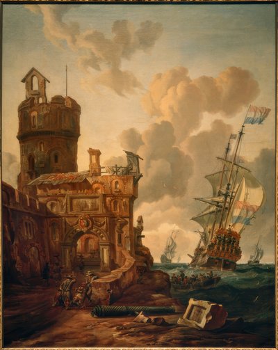 Nederlands schip voor een fort door Abraham Storck