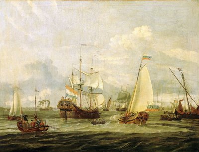 Peter de Grote (1672-1725), tsaar van Rusland, inspecteert een boot in Amsterdam (Nederland). Olieverf op doek door Abraham Storck (1635-1710). door Abraham Storck