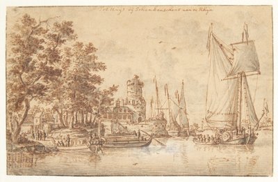 Rijnlandschap met kasteel en schepen door Abraham Storck