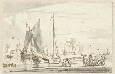 Rivieroever met enkele schepen door Abraham Storck
