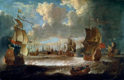 Schepen in een lagune, 17e of vroege 18e eeuw door Abraham Storck