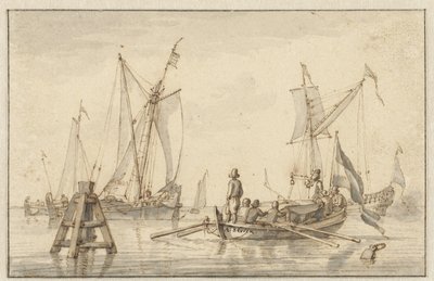 Stille zee met enkele boten door Abraham Storck