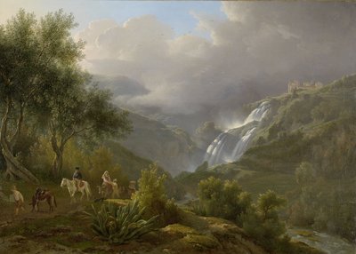 De watervallen bij Tivoli, met een naderende storm door Abraham Teerlink