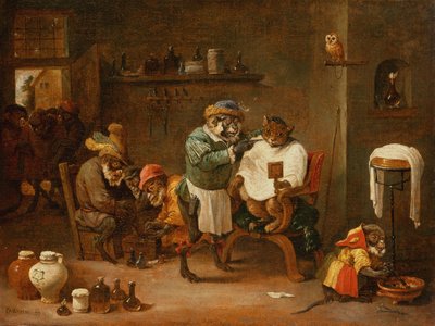 Een Kat in een Kapperszaak gerund door Apen door Abraham Teniers