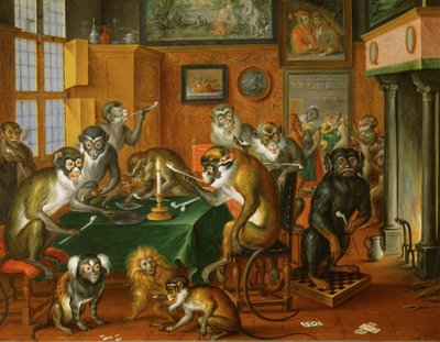 Tabakskollegium von Affen - Rokende groep apen ... (olieverf op koper) door Abraham Teniers