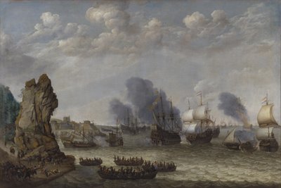 Een gevecht nabij een kust tussen Spanjaarden en ontschepende Nederlanders door Abraham Willaerts
