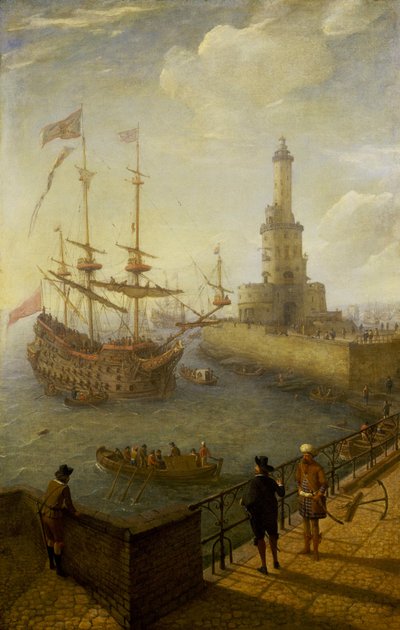 Een Spaanse driemaster voor anker voor de kust van Napels (Italië), gezien vanaf een geplaveide pier in de stad, richting de vuurtoren en de gebouwen van de mediterrane haven door Abraham Willaerts