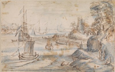 Kustlandschap met meerdere schepen, een hoge kust met meerdere figuren door Abraham Willaerts