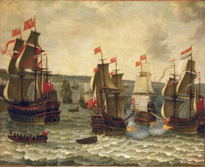 Zeeslag tussen Nederlandse en Britse schepen, episode van de Eerste Engels-Nederlandse Oorlog (Engels-Nederlands) 1652-1654. Olieverf op hout door Abraham Willaerts (1603-1669). door Abraham Willaerts