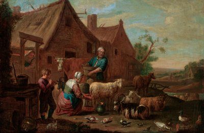 Boerenfamilie met vee, schapen en geiten op een boerenerf door Abraham Willemsens